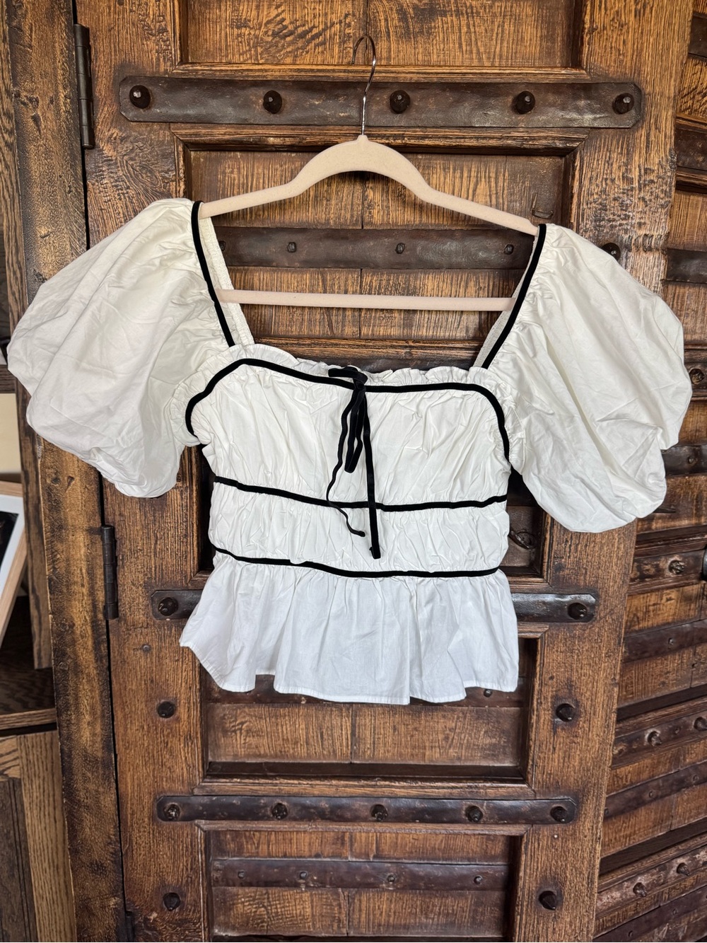 White Puff Sleeve Peplum Top with Black Trim